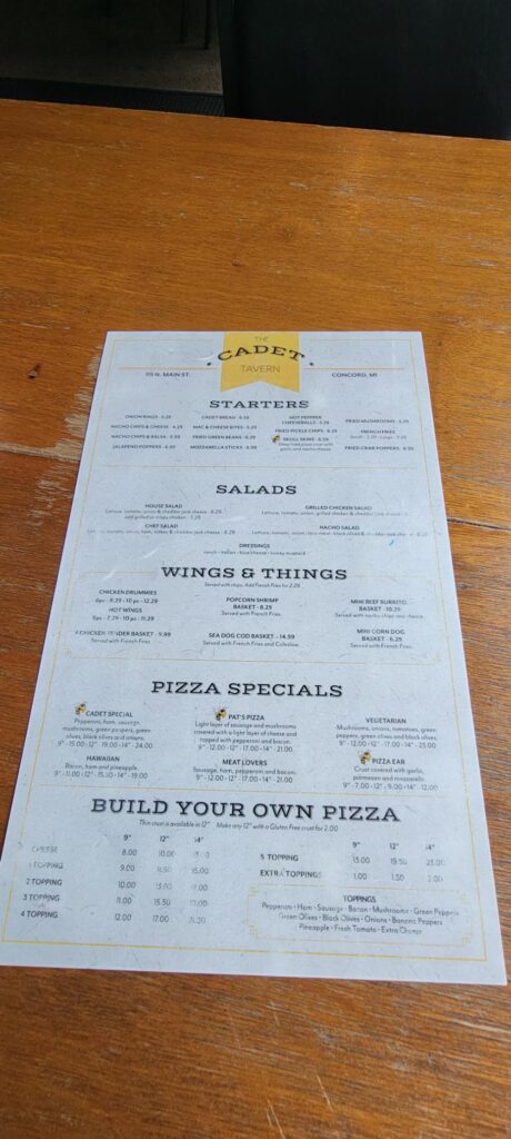 Cadet Tavern Menu 1