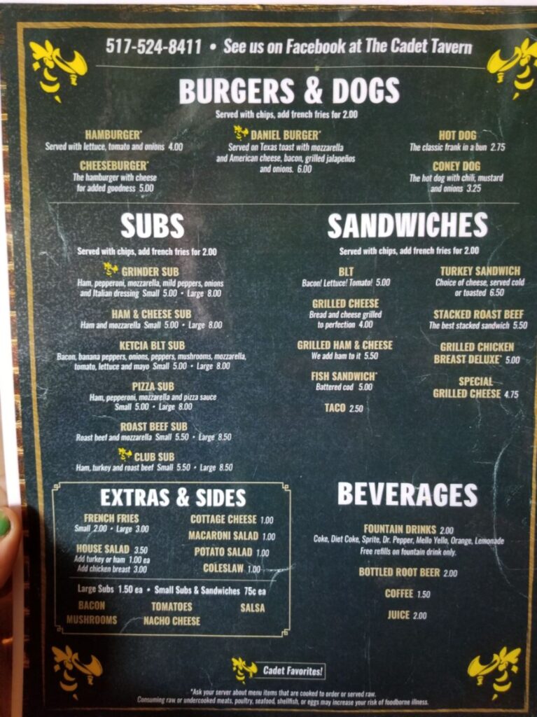 Cadet Tavern Menu 2